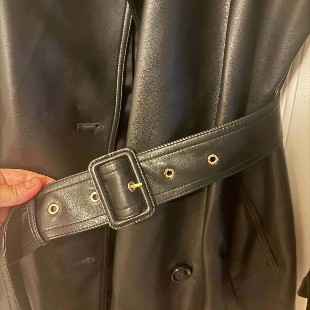 Mango Faux Leather Mid-Length Black Women's Trench Coat - Picture 6 of 7